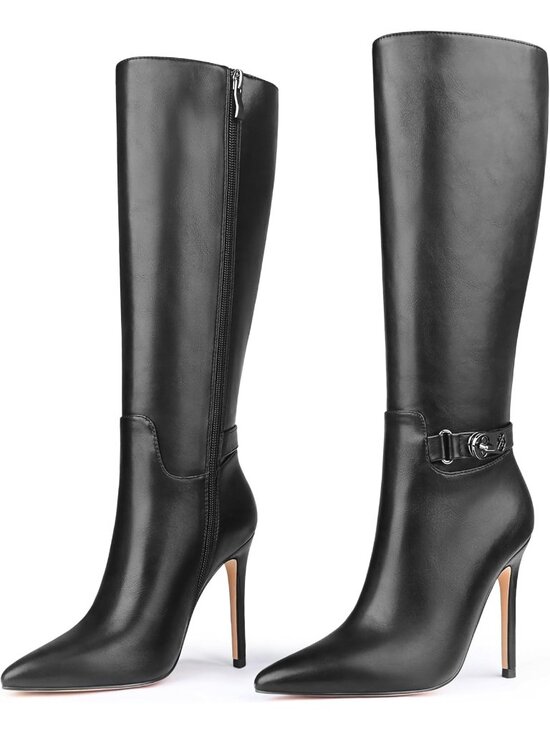 Shoes - Women's Black Faux Leather Pointed Toe Stiletto Fashionable Knee High Boots